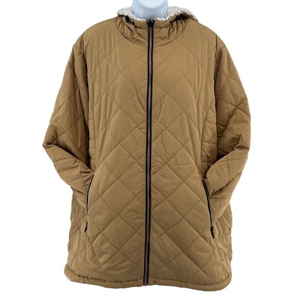 Free Country Jacket Womens 2X Tan Quilted Sherpa Fleece Lined Hooded Drawstring - Picture 1 of 7